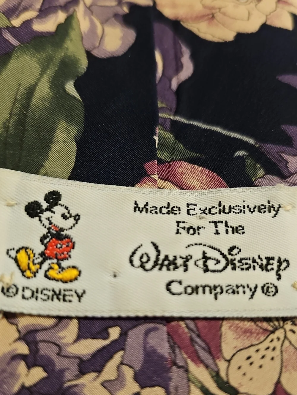 Disney Navy Floral Tie with Lavender and Green Accents With Mickey. Silk Disiney